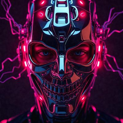 The primary subject of the image is a futuristic robot head with a silver helmet and glowing red eyes. The robot head is the main focus of the image, and it is set against a dark background. The visual style of the image is digital art, as it appears to be a computer-generated or digitally manipulated image. The colors and mood of the image are predominantly dark and mysterious, with the red eyes of the robot head providing a striking contrast against the black background.